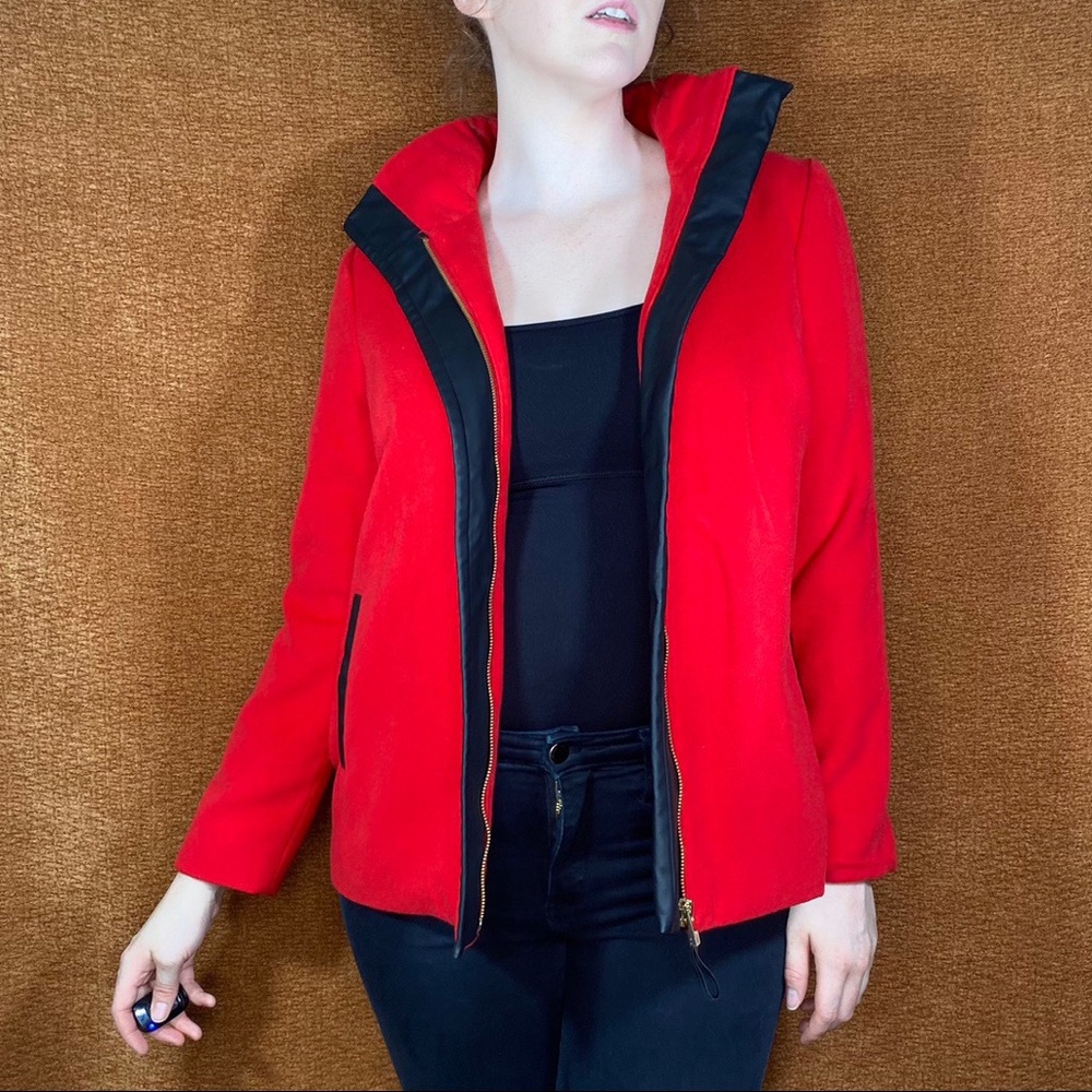 Red pea coat faux leather trim, size M.